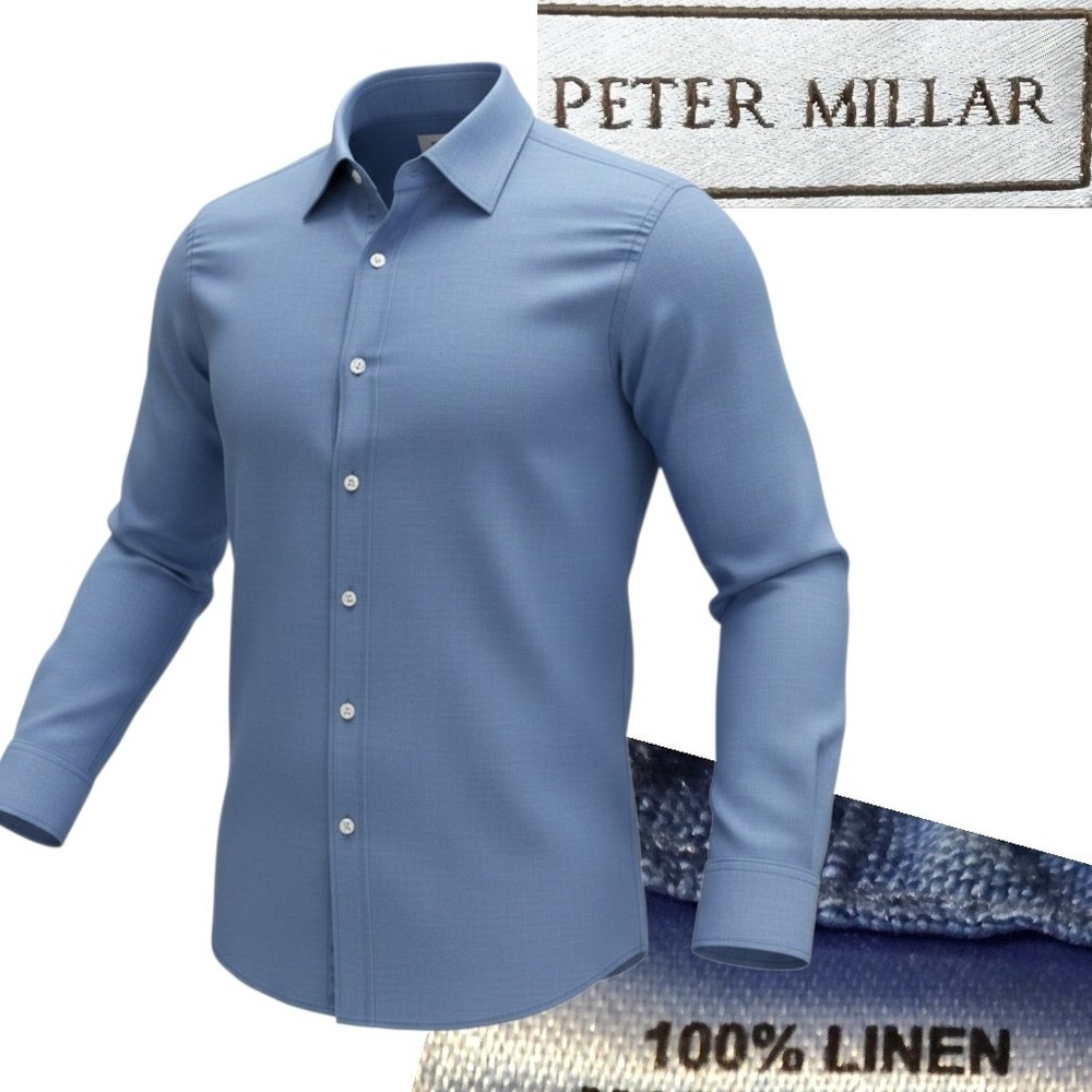 Peter Millar Button Down Shirt Mens Large Blue 100% Linen Long Sleeve Casual